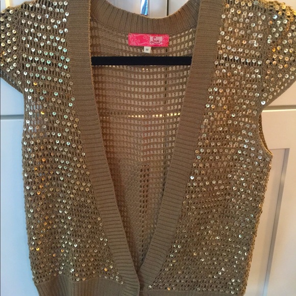 Lux x Urban Outfitters tan Metallic cap sleeve short sleeve cardigan MEDIUM - Picture 2 of 3